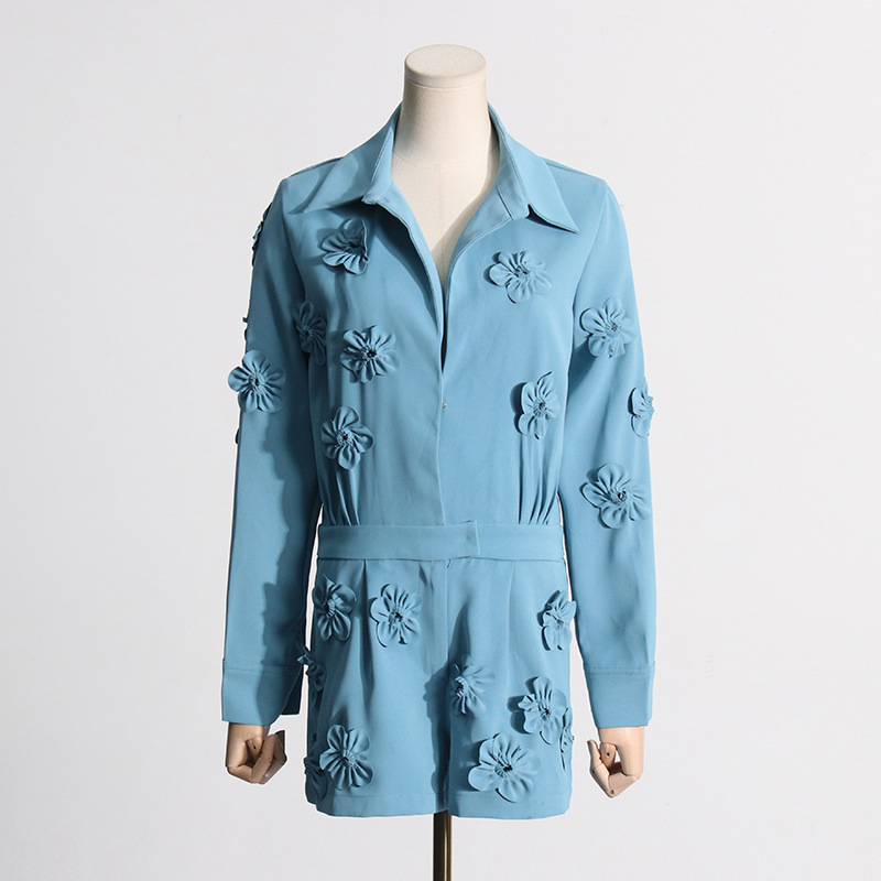 2024 primavera nueva moda elegante diseño de flores tridimensionales cintura apretada adelgazamiento mono pantalones cortos transfronterizos europeos y americanos