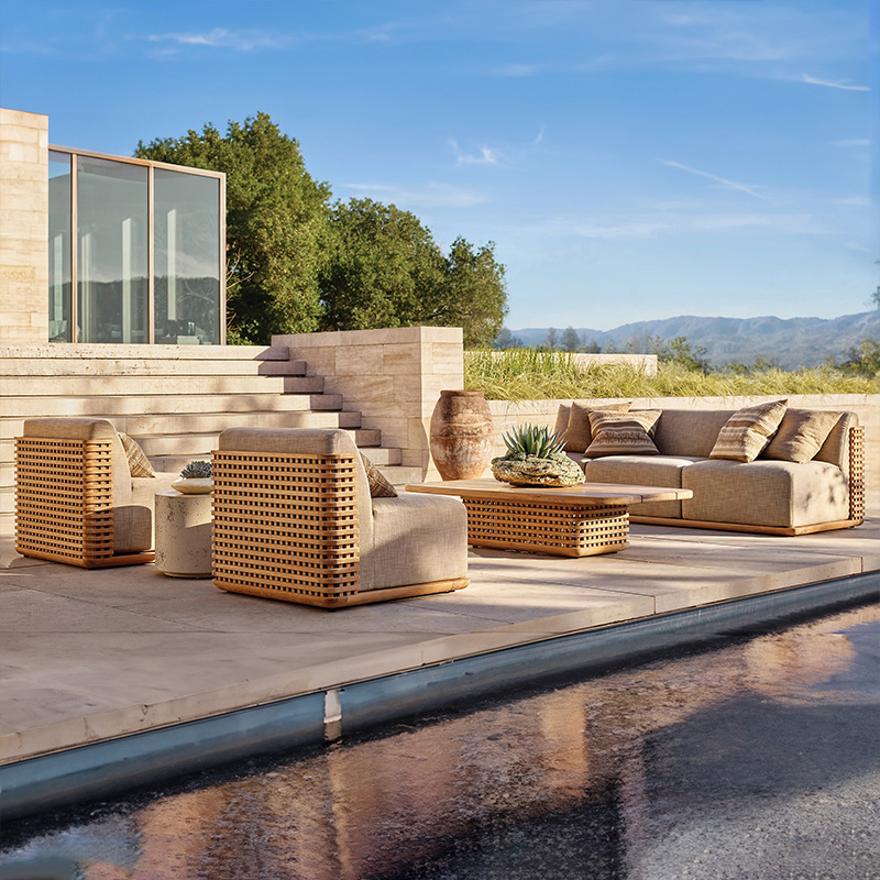 Mesa y silla de teca al aire libre, terraza de hotel, patio, diseño a prueba de agua y protección solar, jardín al aire libre, mesa y silla de madera maciza