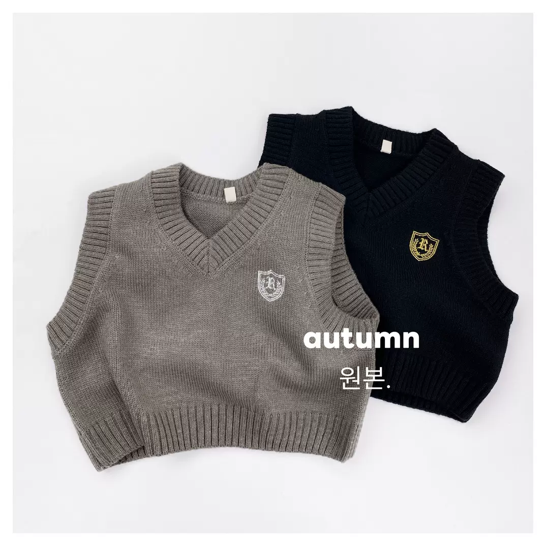 韩系学院风 秋冬新款儿童毛衣刺绣V领马甲男女宝宝针织坎肩叠搭潮