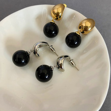 ins韩国小众设计黄铜镀金黑色玛瑙珠耳钉法式复古简约高级感耳环