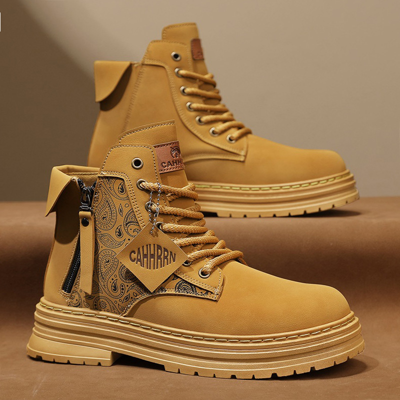 El cuero empalmado con una base gruesa aumenta la altura de la locomotora de alta altura botas de ruibarbo otoño nueva moda botas deportivas de hombre con lazos de correa