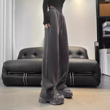 欧美风灰色运动裤女春季高腰宽松显瘦抽绳卫裤束脚阔腿裤显腿长