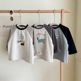 男童撞色条纹长袖T恤韩国春秋装男女宝宝酷帅卡通打底衫印花上衣