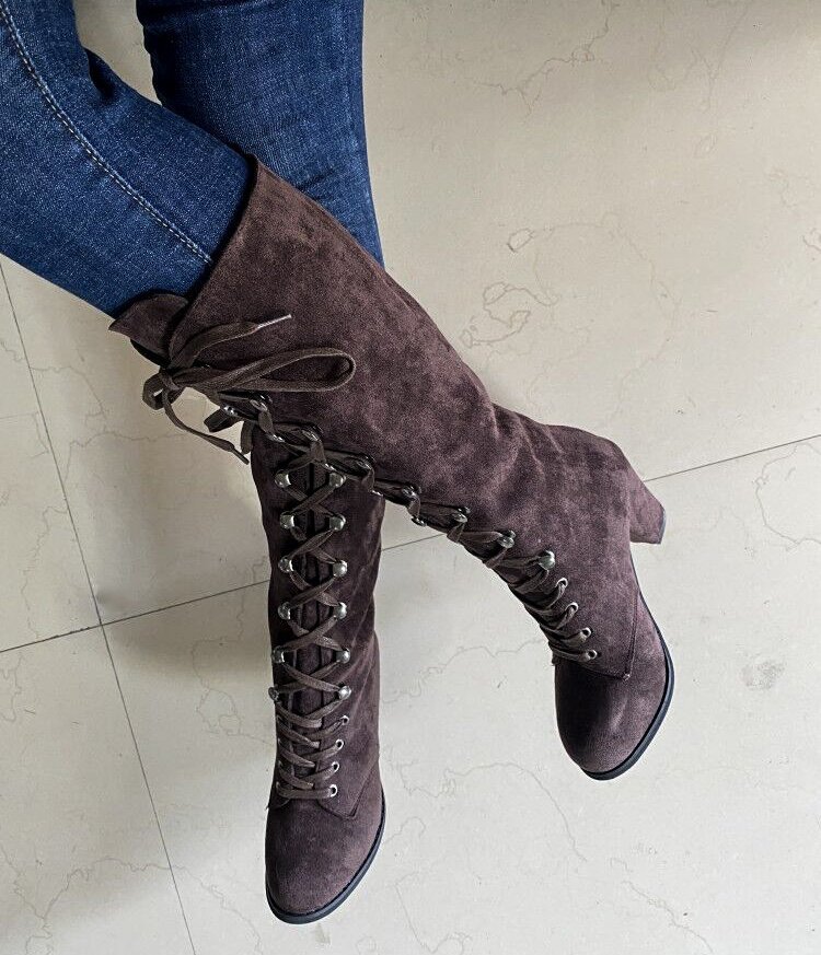 Women's Plus Size High Heeled Fashion Boots Chunky Heel Suede Cross Strap Long Boots European American Style Winter Slimming_vogvips.com