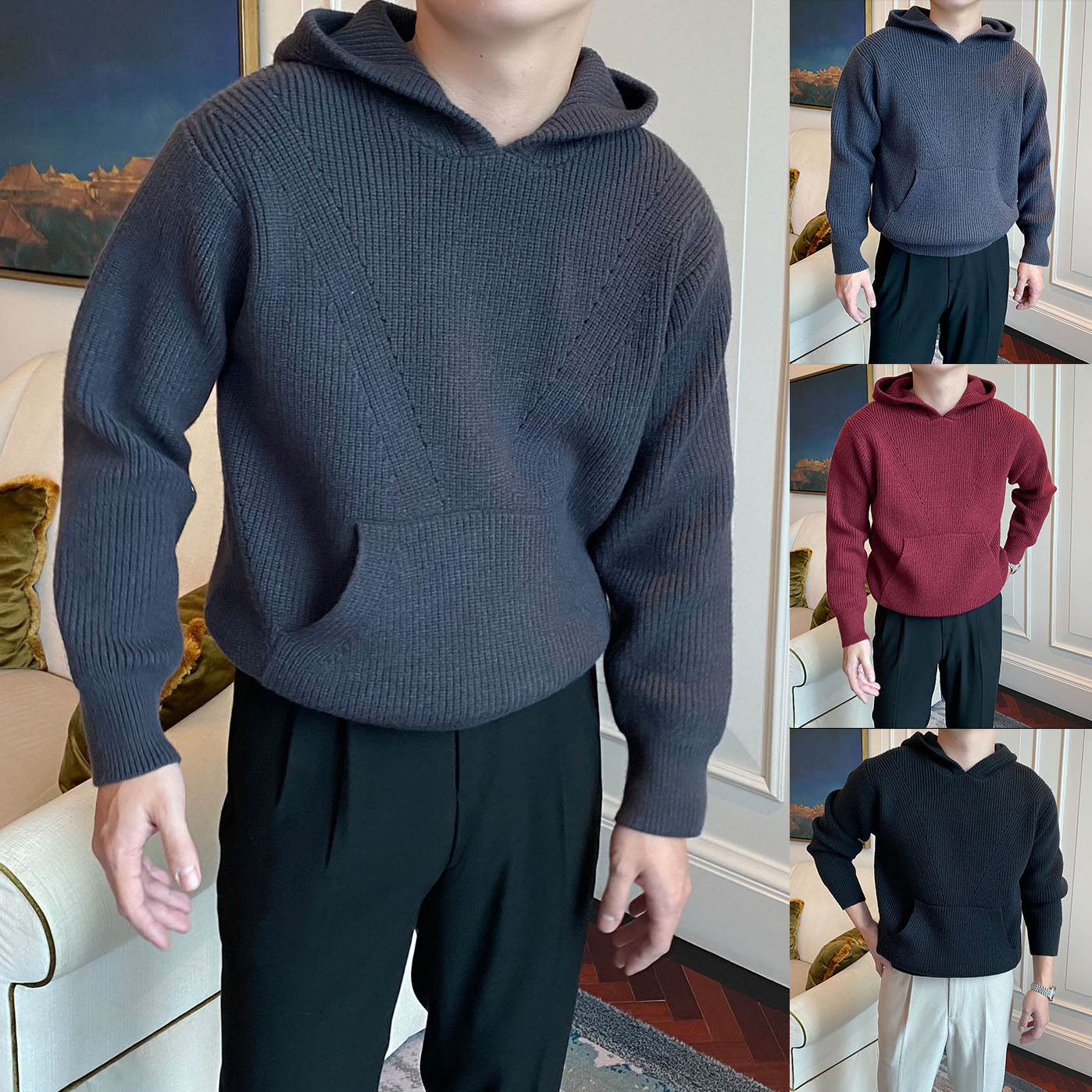 Herren-Strickpullover mit Kapuze – Stilvoller britischer Business-Casual-Wintermantel, warm und bequem, atmungsaktiv und maschinenwaschbar (Schwarz, Blau, Rot)_voghion.com