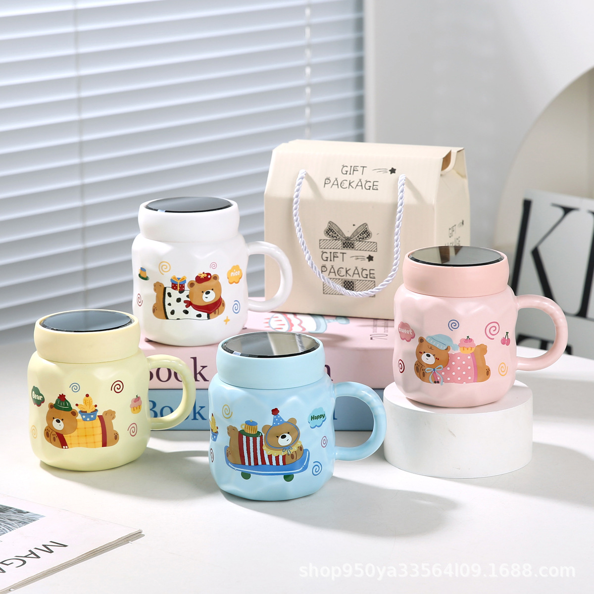 卡通涂鸦陶瓷杯带盖女生生日礼物情侣水杯高颜值动物马克杯送闺蜜