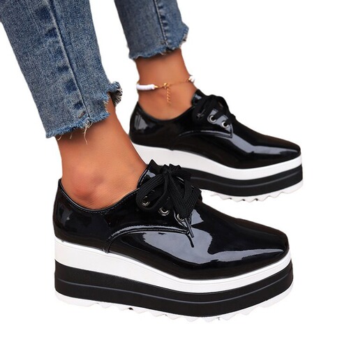 Plus-size platform mule shoes for women—autumn/winter collection, featuring lace-up design, square toe, patent leather finish, and dramatic wedge heels for added height.