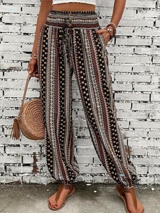 Women's Ethnic Print Loose Pants with Elastic Waist Button