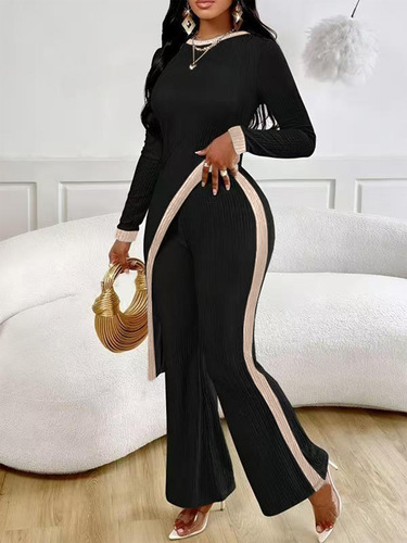 European and American Cross-border 2025 Spring New Women's Fashion Color-blocking Long-sleeve Side Slit T-shirt + Splicing Long Pants Set