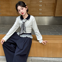 女童春秋款2025新款初中生女孩丝巾领口 T恤蕾丝花边裤休闲两件套