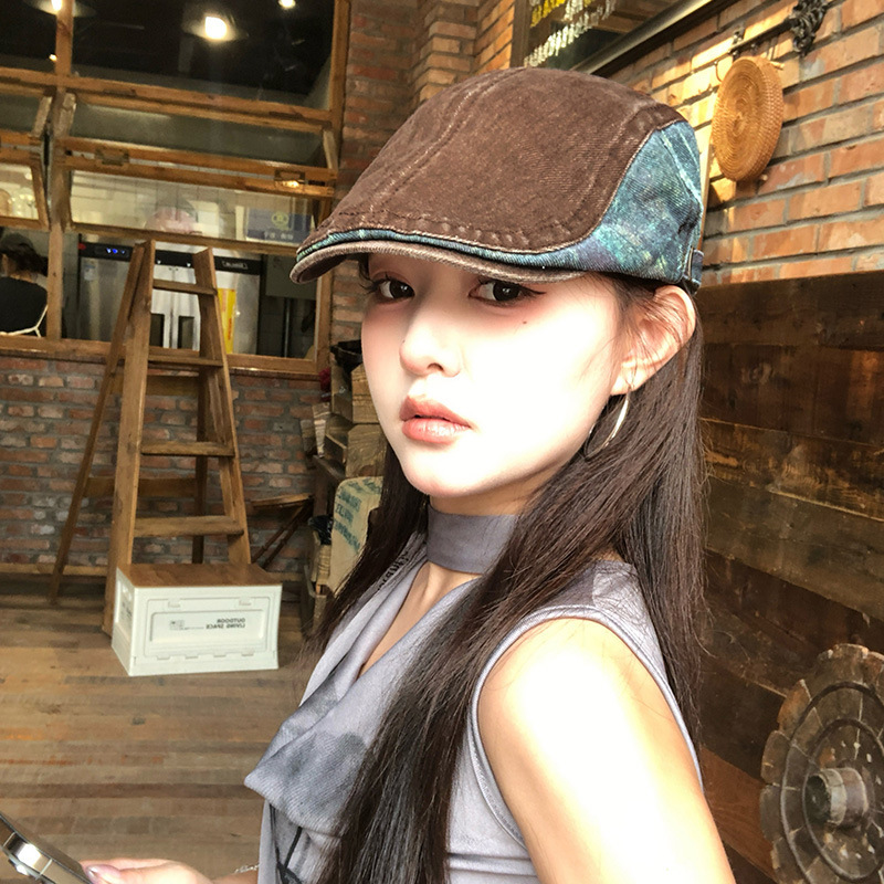 复古拼色牛仔前进帽女2025新款英伦显脸小反戴贝雷帽潮牌鸭舌帽子|undefined