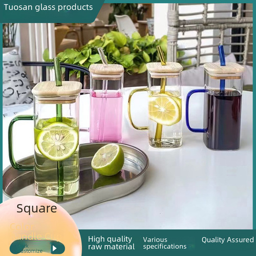 Square glass cup with handle, home use, Instagram high-end, straw water cup for women, high-temperature resistant, flat bottom, heatable cup