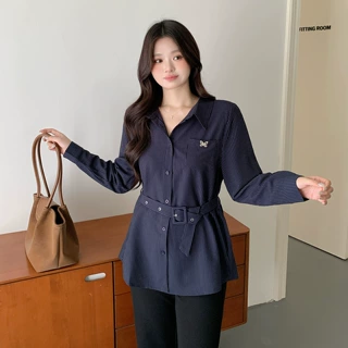大码女装2026秋新款小众条纹设计感日子扣腰带显瘦长袖衬衫315272