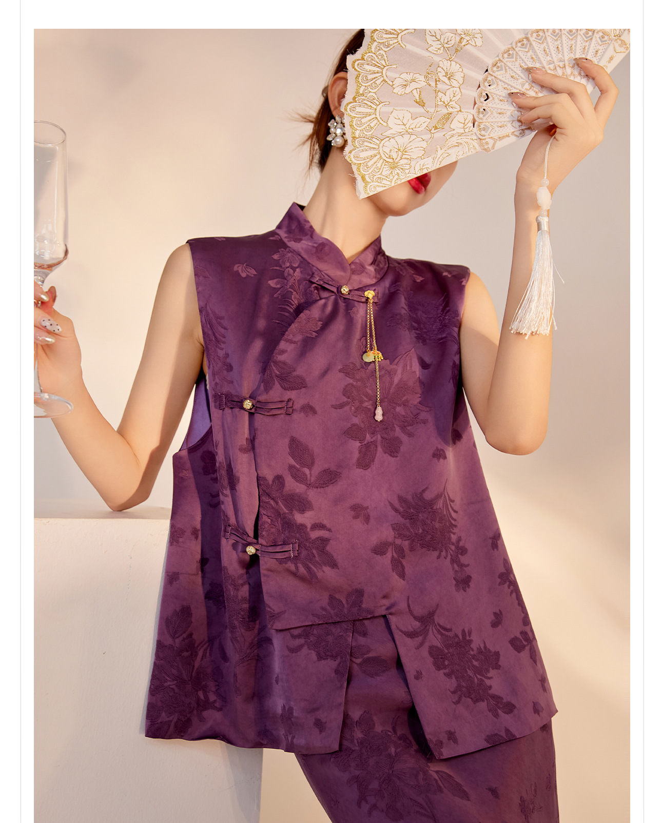 Bộ áo vest và váy in họa tiết tím phong cách Tân Trung Quốc đầu thu nữ M7085 — Váy nửa, Áo gilê chi tiết 6