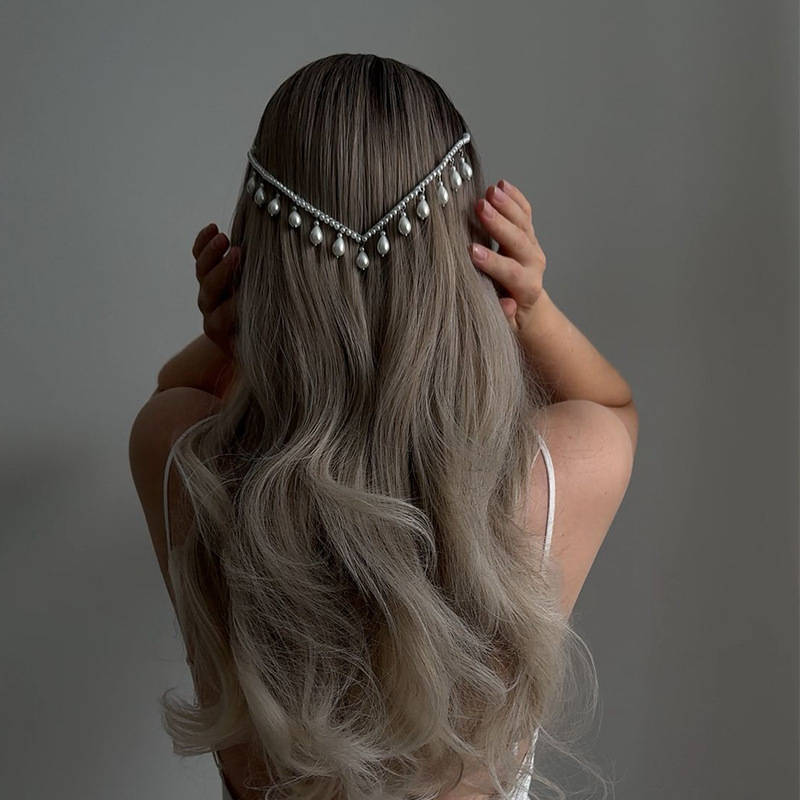 Amazon's Popular Water Drop Pearl Pendant Headband European and American V-Shaped Comb Headband Elegant Accessories Hair Chain