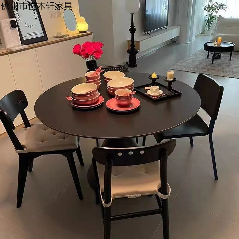 纯白哑光岩板圆形餐桌椅组合小户型家用现代纯黑简约饭桌子奶油风|undefined