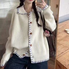 YS韩版手工撞色穿线翻领毛衣2025秋冬冰岛蓝宽松简约针织开衫外套