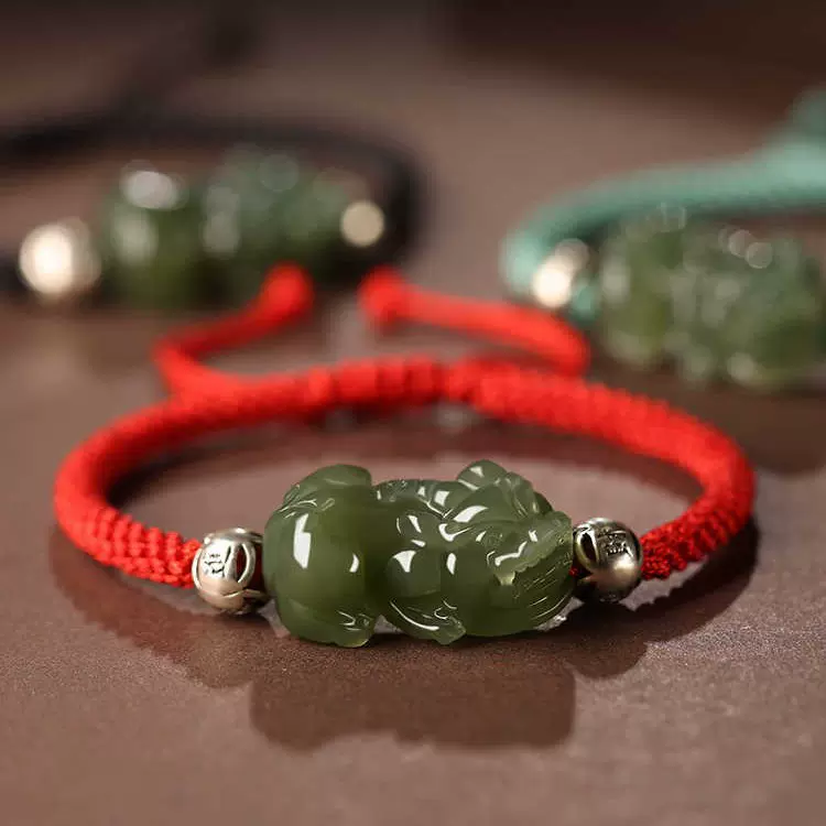 和田玉招财貔貅情侣小貔貅青玉手链男皮质手链女红绳编织手绳