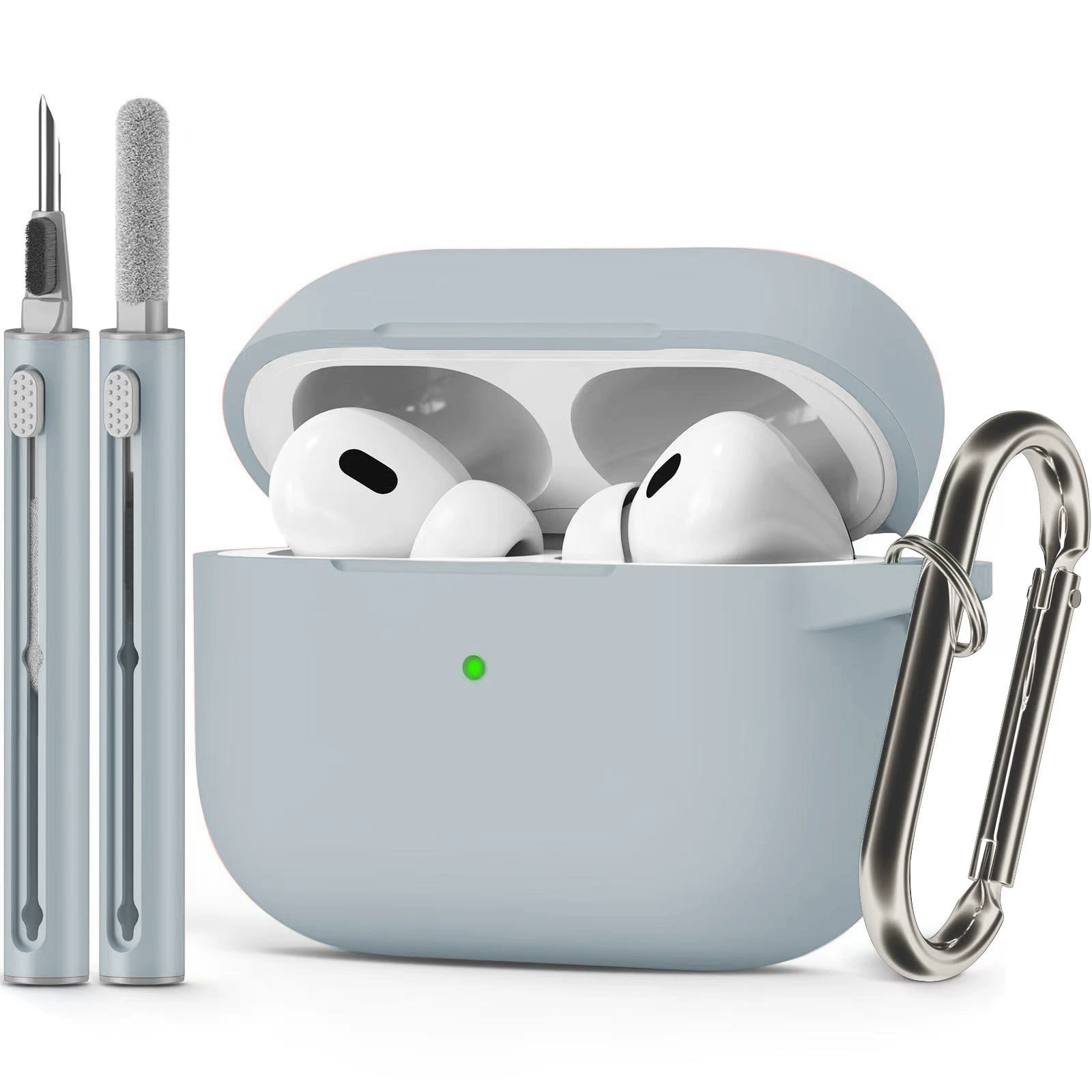 Защитный чехол (совместим с Apple AirPods) с однотонным карабином и чистящей палочкой, лёгкий