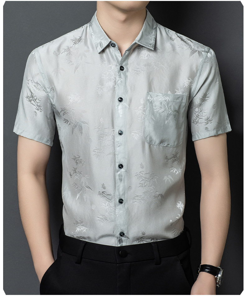 Áo sơ mi nam ngắn tay lụa satin cao cấp, phong cách công sở — Da đen26618 chi tiết 15