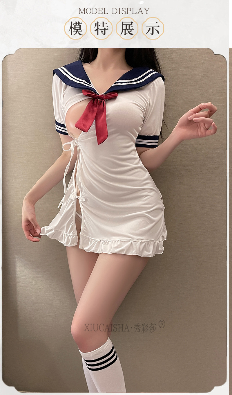 Xiuaisha Sailor-Style Student Roleplay Lingerie Set with Bow and Thong — detail image 6