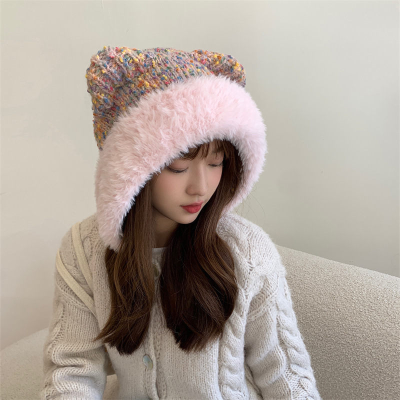 New Korean Version Of Little Bear Ear Knitted Hat With Knitted Yarn For Children's Winter Face Show, Small Plush, Cute, Warm, Big Head Cover Ear Hat_voghion.com