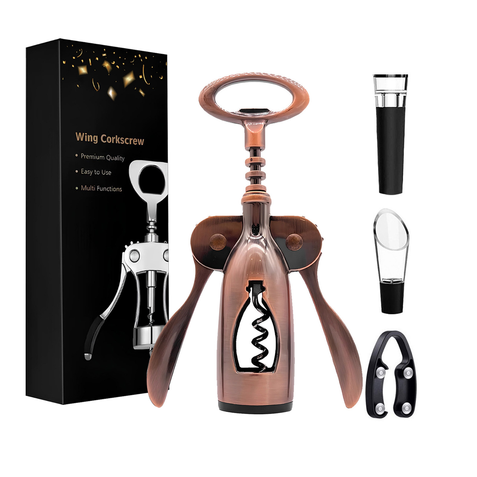 레드 브론즈 윙 병따개 4종 세트(진공펌프+커터+와인 가이드)
