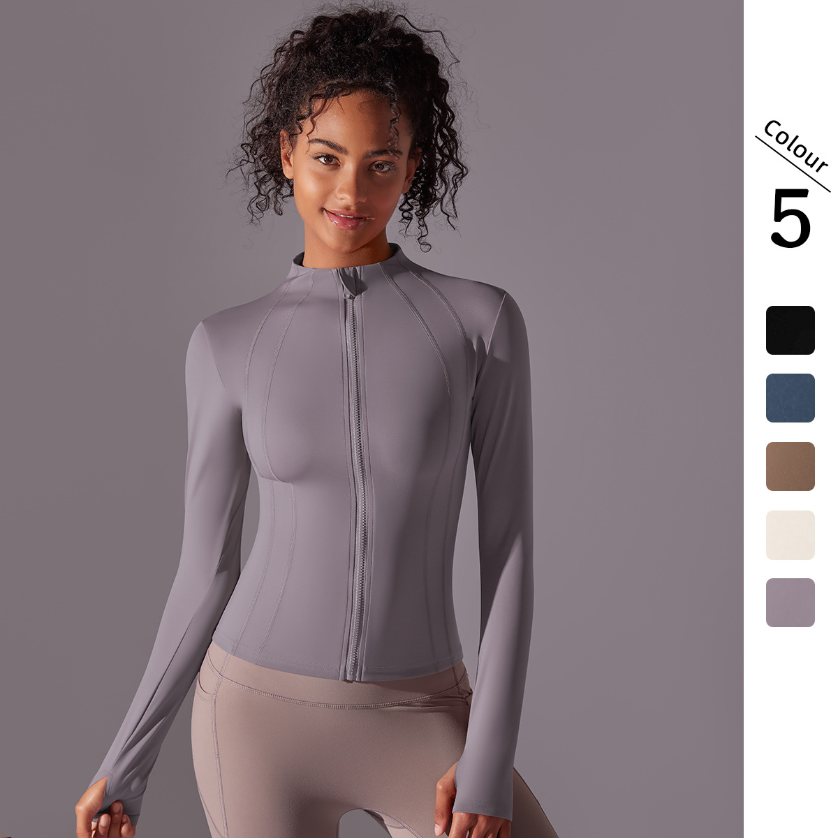 Nuevo color sólido apertado de collar cremallera chaqueta de manga larga abrasión deportiva correr fitness chaqueta de yoga larga mujer image 1