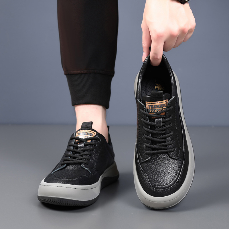 Cabeza de cuero de vaca de otoño nuevos zapatos casuales de hombre con suela gruesa, zapatos de hombre de cuero transpirables, zapatos de mango