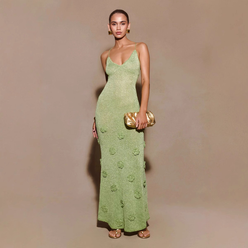 European and American Clothing Knitted Suspender Skirt New Dress Women's Summer Long Skirt Beautiful Back V-Neck Summer Thin Slim Skirt