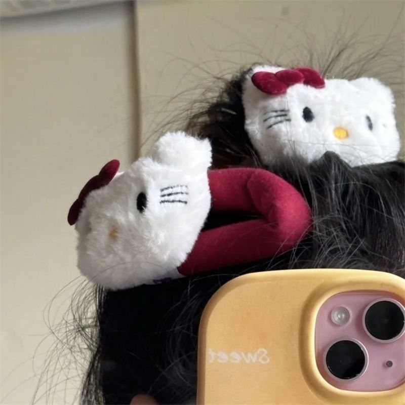 Cute Red Kt Cat Hair Clip Ins Plush Hellokitty Bow Hair Clip Girl DIY Clothing Accessories