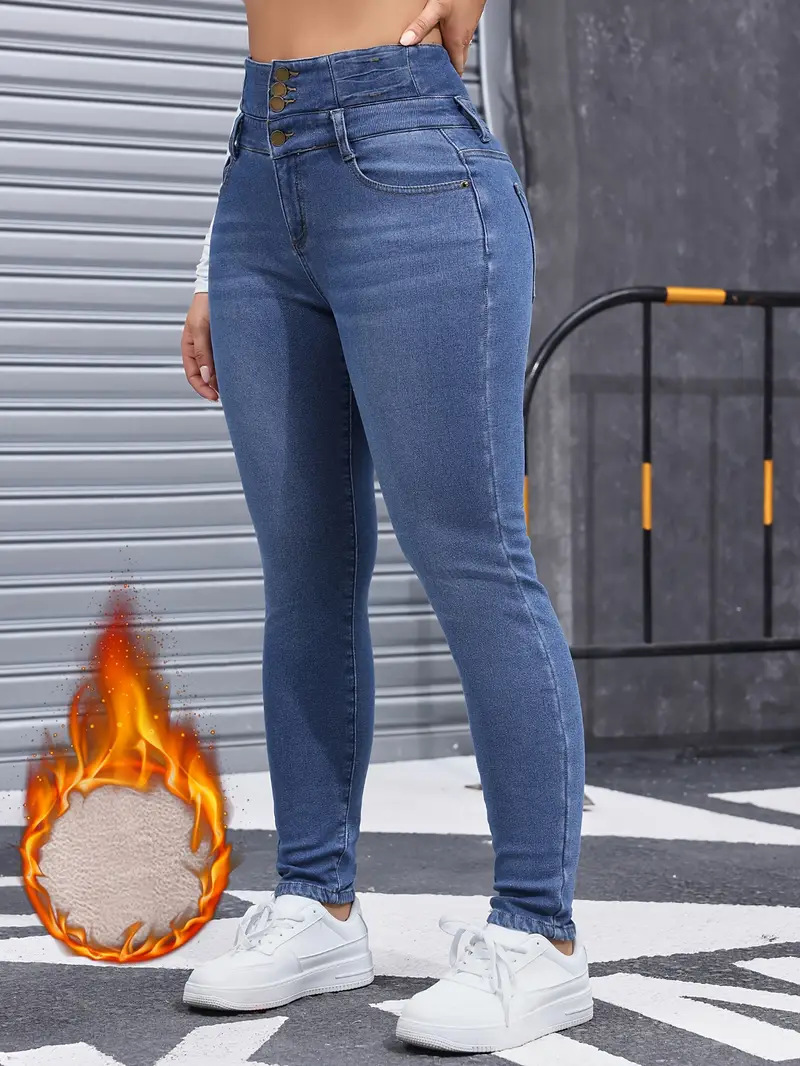 Fashion Versatile Women's Skinny Jeans Fleece Lined Elastic Waist Multi Button Solid Color Autumn Winter New Style_ecoleips.com