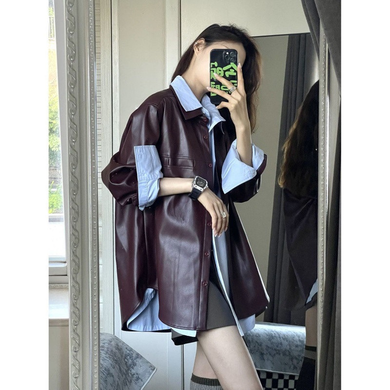 Vintage Grape Purple PU Leather Jacket Women's Autumn 2024 Fashion New American Fashion Jacket All-match Shirt