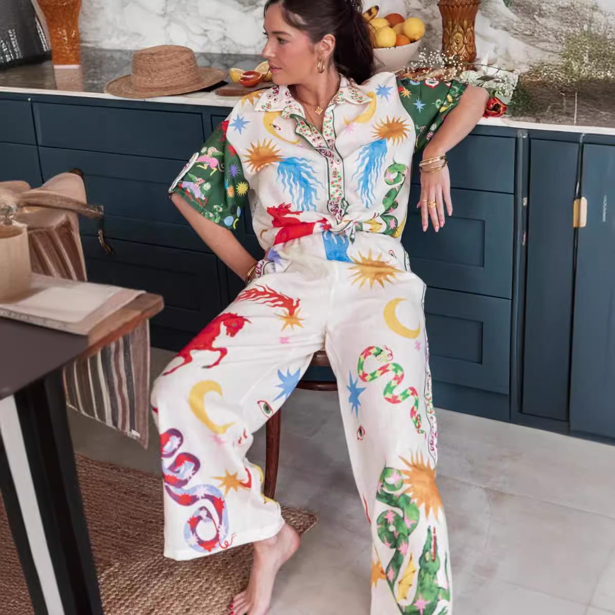 Holiday, Beach Occasion Turndown Neckline Holiday Beach Women's Vacation Animal Sun Linen Polyester Printing Pant Co-ord Set Pants Sets