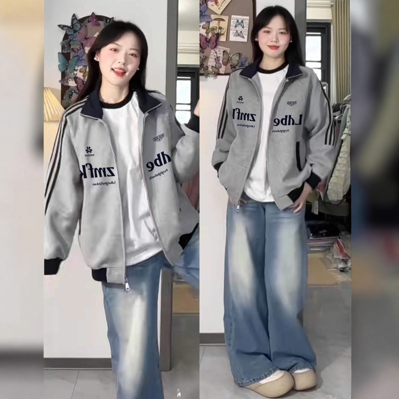 American Retro Stand-Up Collar Cardigan Sweatshirt for Men and Women New Autum Versatile Loose Casual Gray Sports Style Jacket