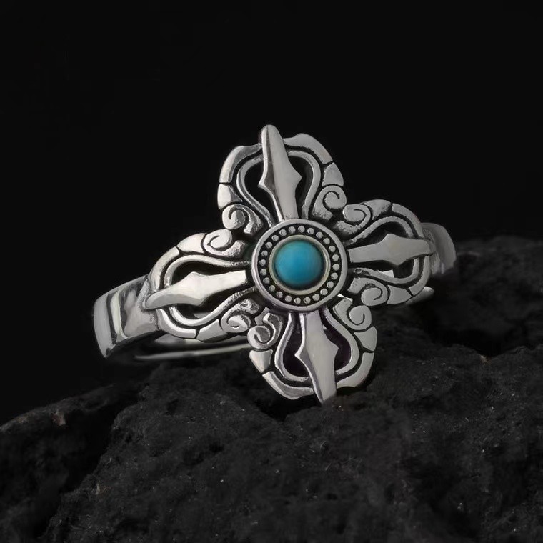 new chiba vintage ring men‘s cross monster subduing club thailand silver ring inlaid natural turquoise vajra retro