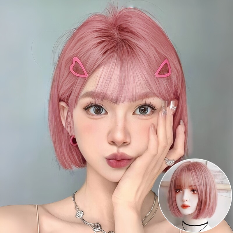 ピンクウィッグフルヘッドセット女性のショートストレートヘアロリータ日本の女の子年齢軽減ボブヘアふわふわシミュレーションウィッグセット|undefined