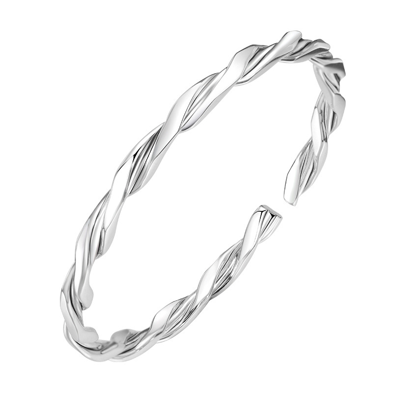 9999纯银编织手镯女时尚设计欧美镯子简约精致白银实心可调节手环