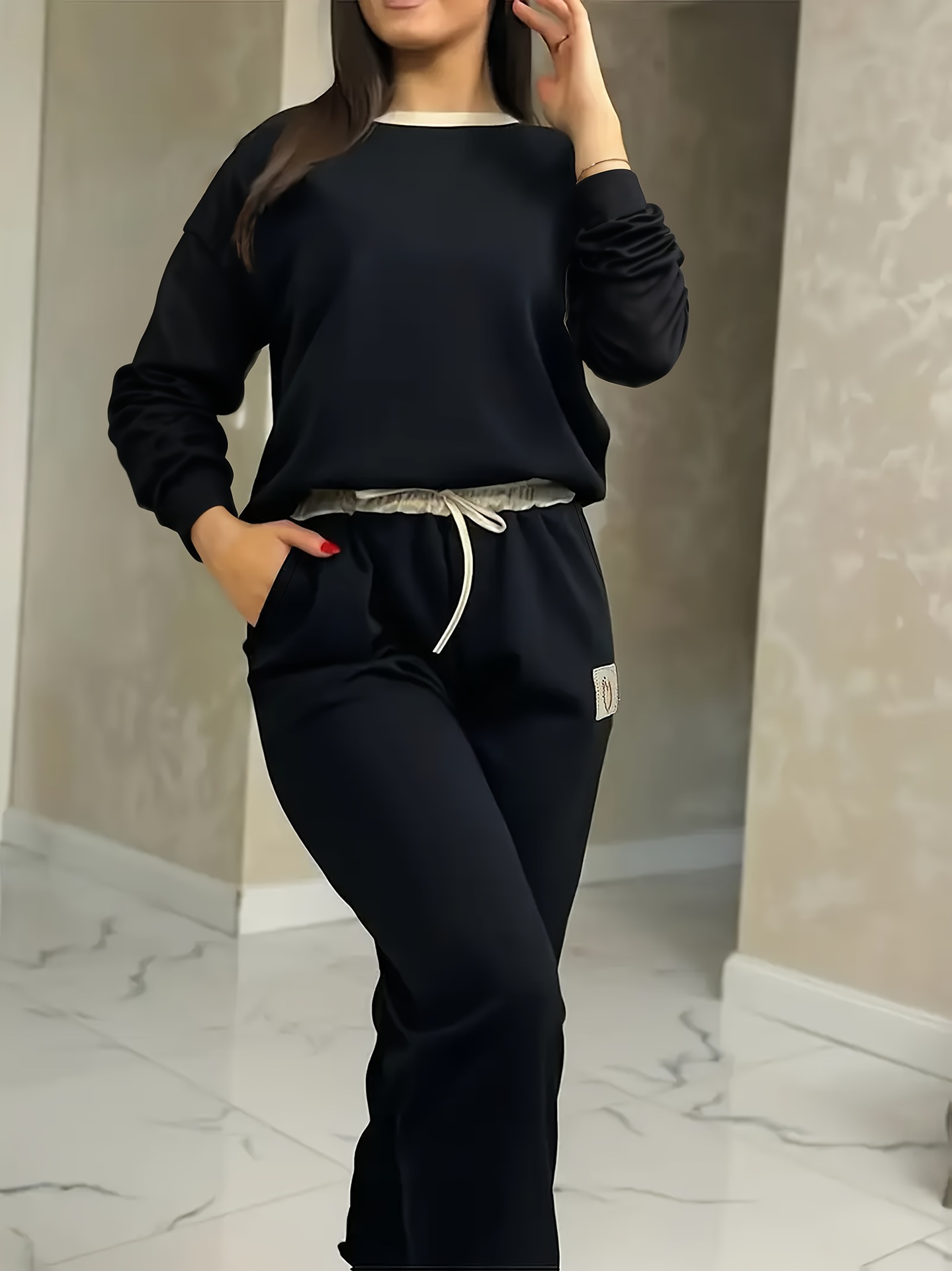 Women's European American Style Color Block Two Piece Set Long Sleeve Top with Heart Logo Drawstring Trousers Autumn Winter_ecoleips.com