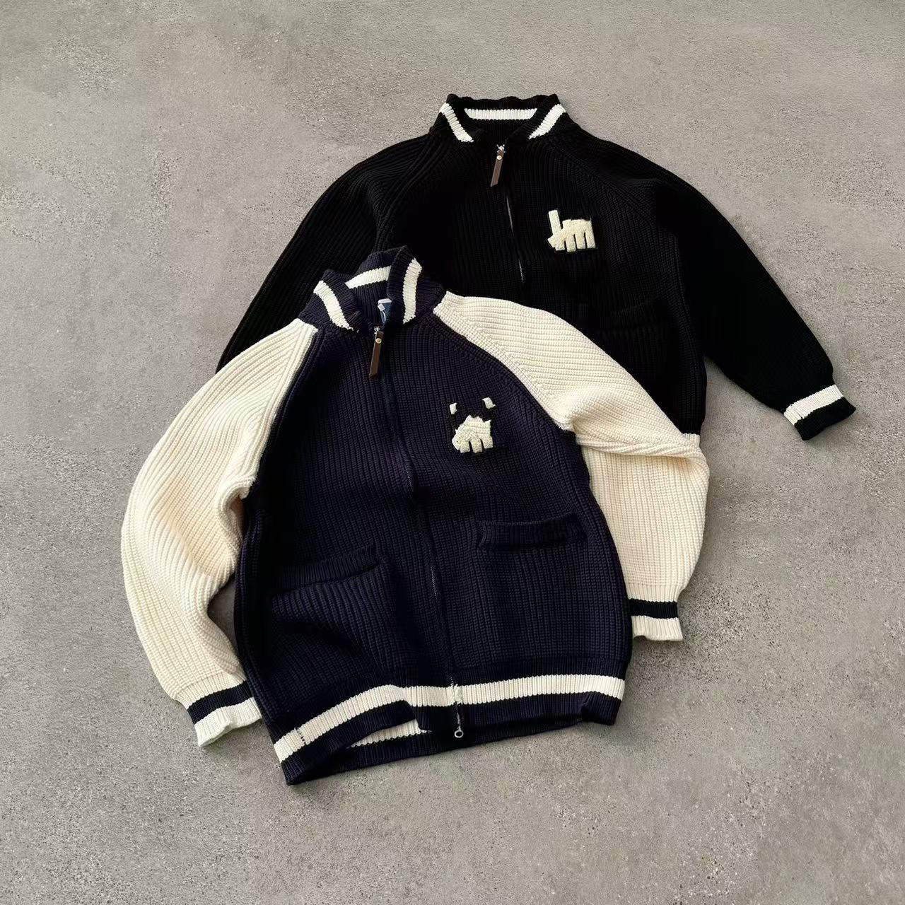 经典五道杠重磅毛衣外套拼色针织衫翻领拉链外套情侣款毛衣同款套