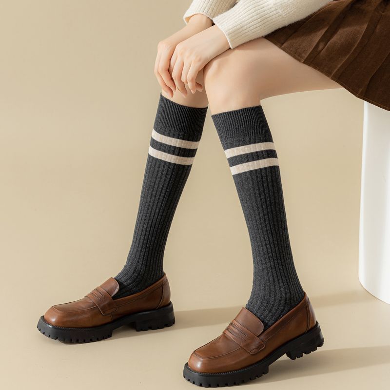 Women's Calf Socks, Japanese Jk Style, Solid Color Double Stripe Knee-High Socks, Ladies' Long Tube Slouch Socks, Summer Thin Style