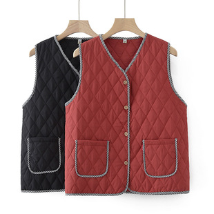 plus size Middle-aged and Elderly Women's Autumn Quilted Cotton Warm Chanel Vest V-neck Base Thin Cotton Vest 188248