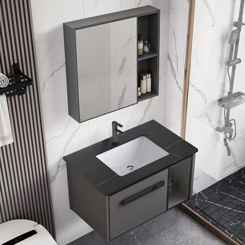 Modern minimalist wall-mounted bathroom cabinet with integrated ceramic sink and vanity countertop for the washbasin.