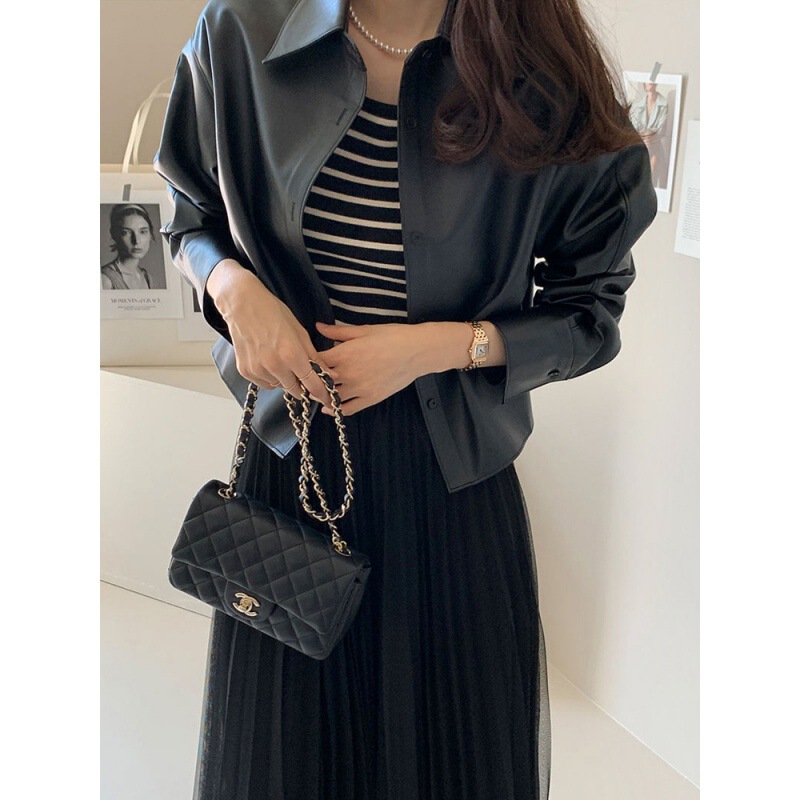 Foreign Trade Women's Elegant Fashion South Korea Chic Leather Thin PU Leather Bearer Jacket Korean Leather Jacket