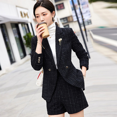 2022秋冬新款韩版时尚修身百搭格纹小西服女白领休闲西装外套气质