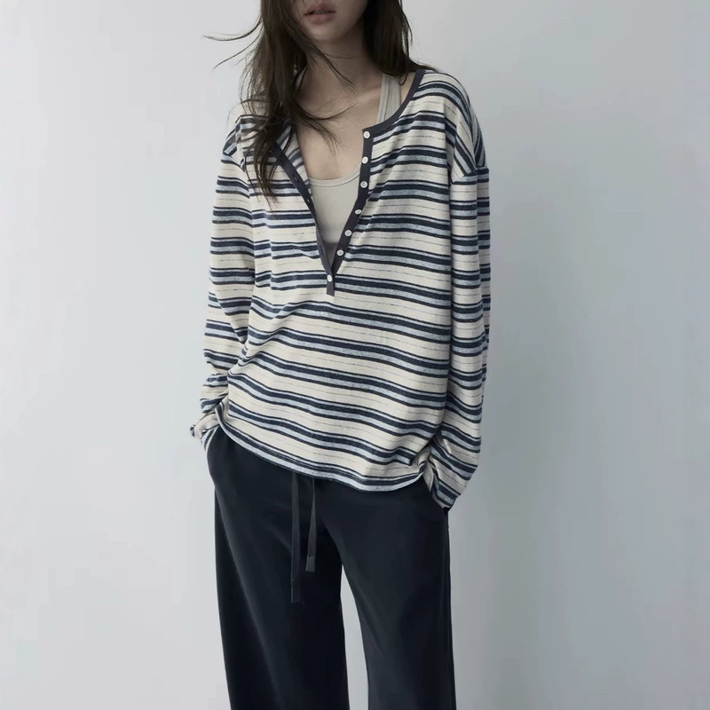 HaveRice Restaurant Sea Salt Milk Crisp - Striped T-shirt Henry Collar Striped Textured Cotton-Linen Blend Long Sleeve Top HaveRice Restaurant Sea Salt Milk Crisp - Striped T-shirt Henry Collar Striped Textured Cotton-Linen Blend Long Sleeve Top