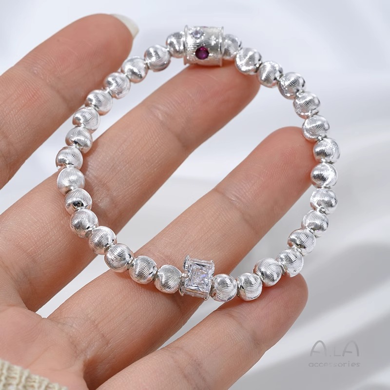 Wholesale Beaded Silver-Plated Fine-Textured Cat's Eye Faceted Brushed Round Beads DIY Pearl Bracelet Jewelry Spacer Beads