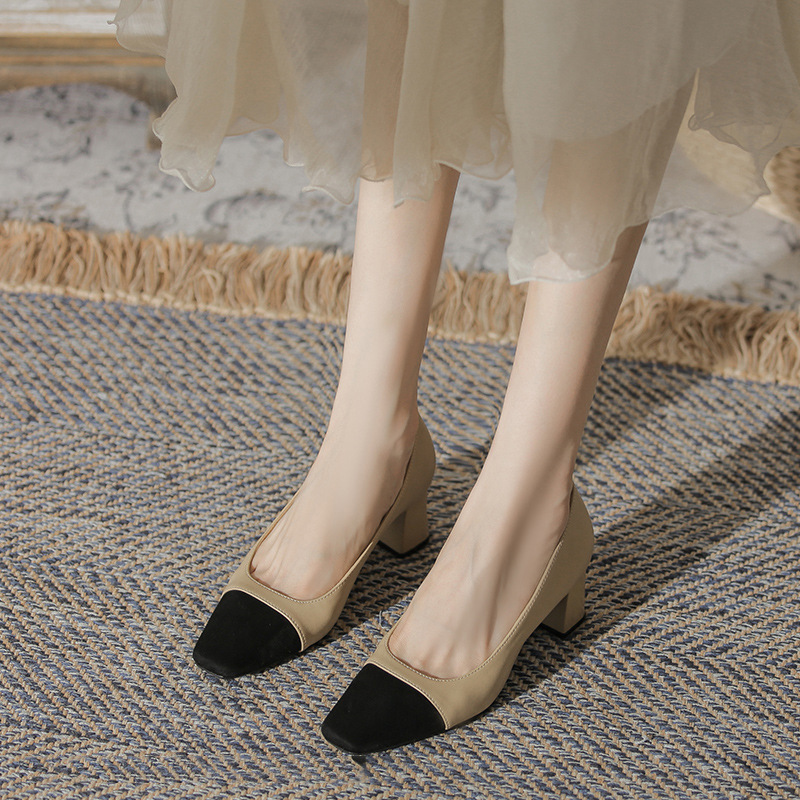 Genuine Leather Color Matching Small Fragrant Style Thick Heel Flats for Women New Versatile French Medium Heel Shallow Mouth Scoop Shoes High Heels Genuine Leather Color Matching Small Fragrant Style Thick Heel Flats for Women New Versatile French Medium Heel Shallow Mouth Scoop Shoes High Heels