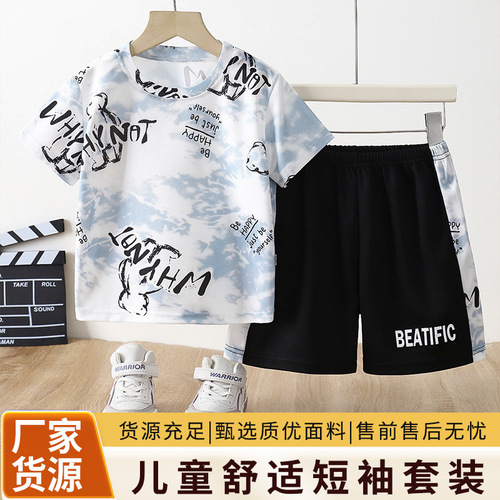 New style quick-drying clothes for boys' summer sets, ice silk, Korean casual sports wear, ball suit, short-sleeved shorts, children's clothing wholesale 