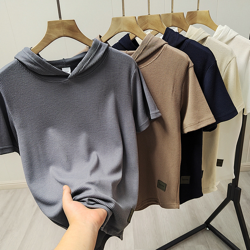 Rare at First Sight! Pickaxe Knitted Waffle! Comfortable and Breathable! Spring and Summer Men's Casual Hooded Short-Sleeved T-Shirt
